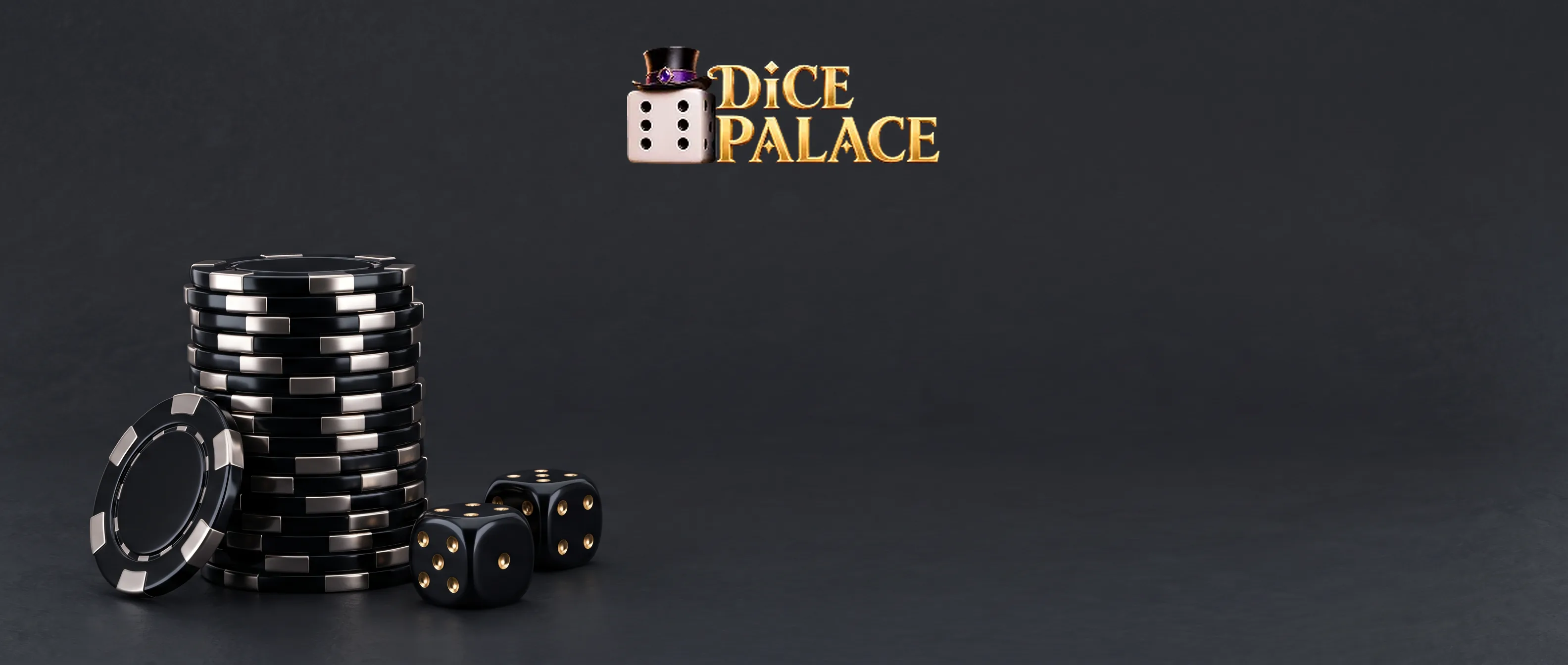 Fiches nere e dadi Dice Palace Casino su fondo grafite.